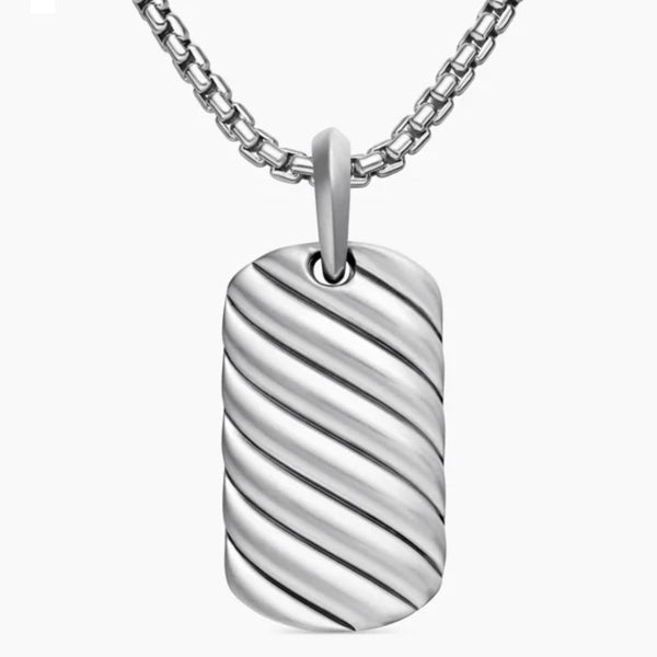 Sterling silver tag pendant with diagonal cable grooves, 27×15.7mm, on a ball-link chain.