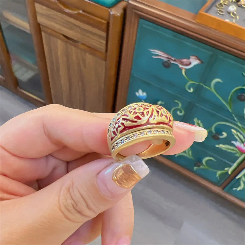 Astrarouge Ring | Gold-Plated Jewelry | Crimson Enamel Stars