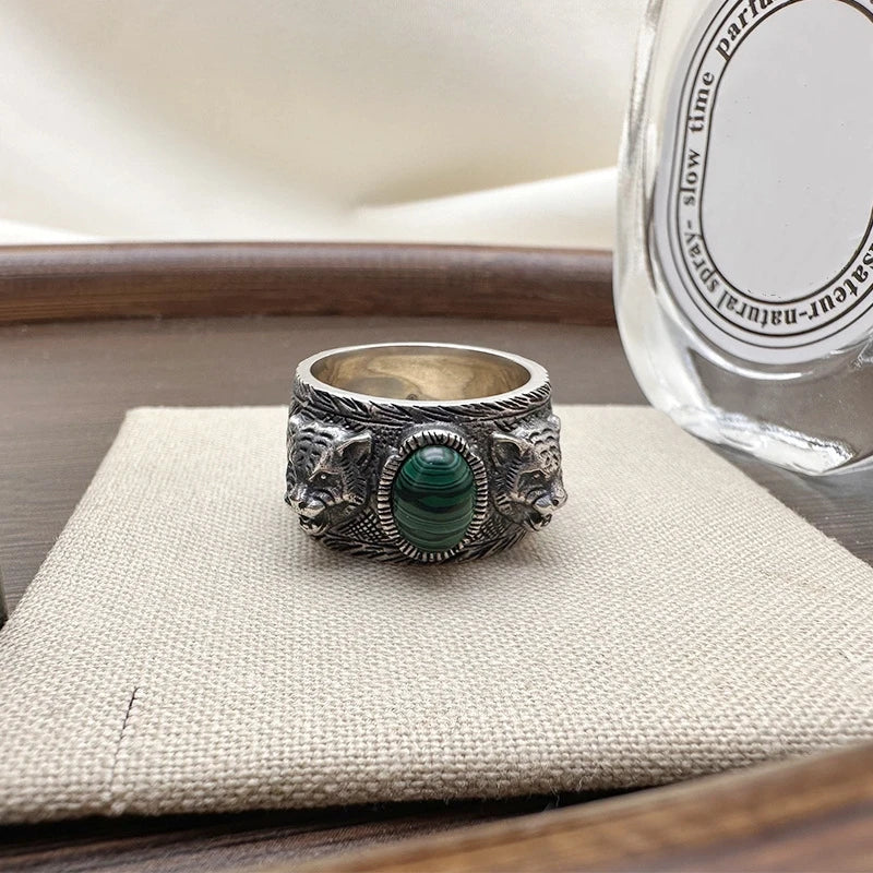 Tigrion | S925 Silver & Malachite | Dual Tiger Head Design