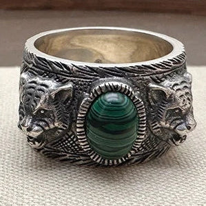 Tigrion Statement Ring | Malachite & Dual Tiger Heads