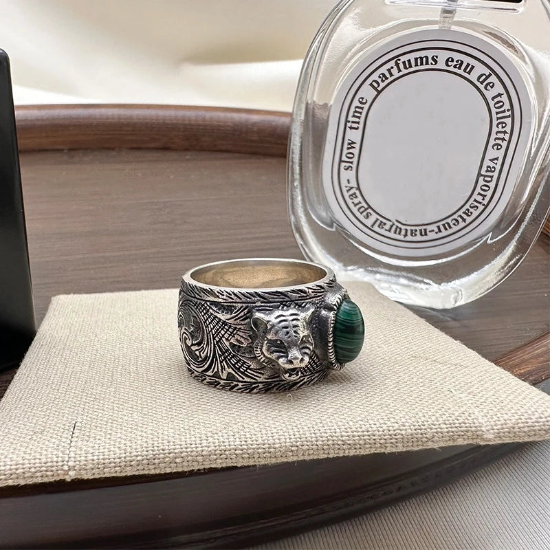 Tigrion | S925 Silver & Malachite | Dual Tiger Head Design