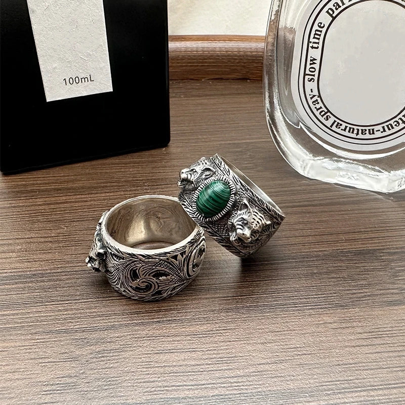 Tigrion | S925 Silver & Malachite | Dual Tiger Head Design