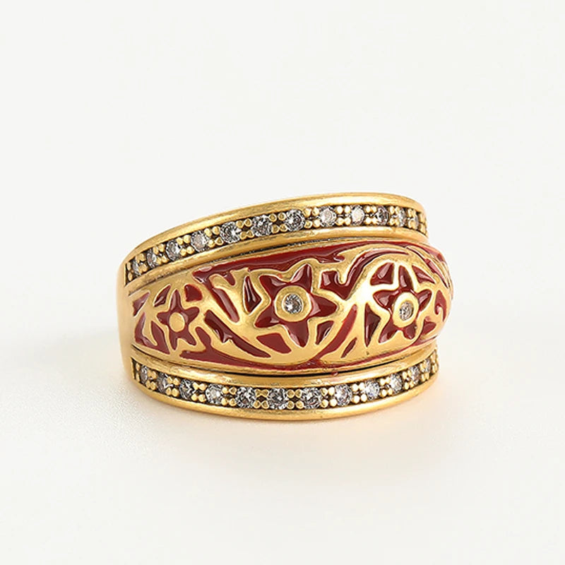 Astrarouge Ring | Gold-Plated Jewelry | Crimson Enamel Stars