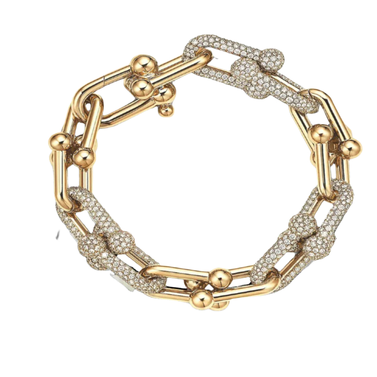 Gold chain bracelet with interlocking links on a white background