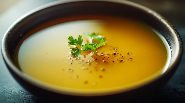 Sarı mercimek, kereviz sapı ve havuçlu ipeksi süzme mercimek velouté çorbası kasesi
