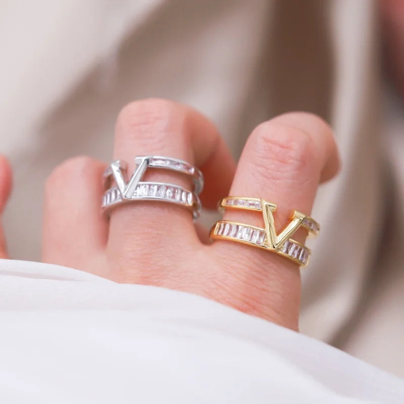 VELVINA Ring | Gold Jewelry | Letter V Zircon Open Design