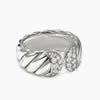 Silver ring with diamond accents on a white background