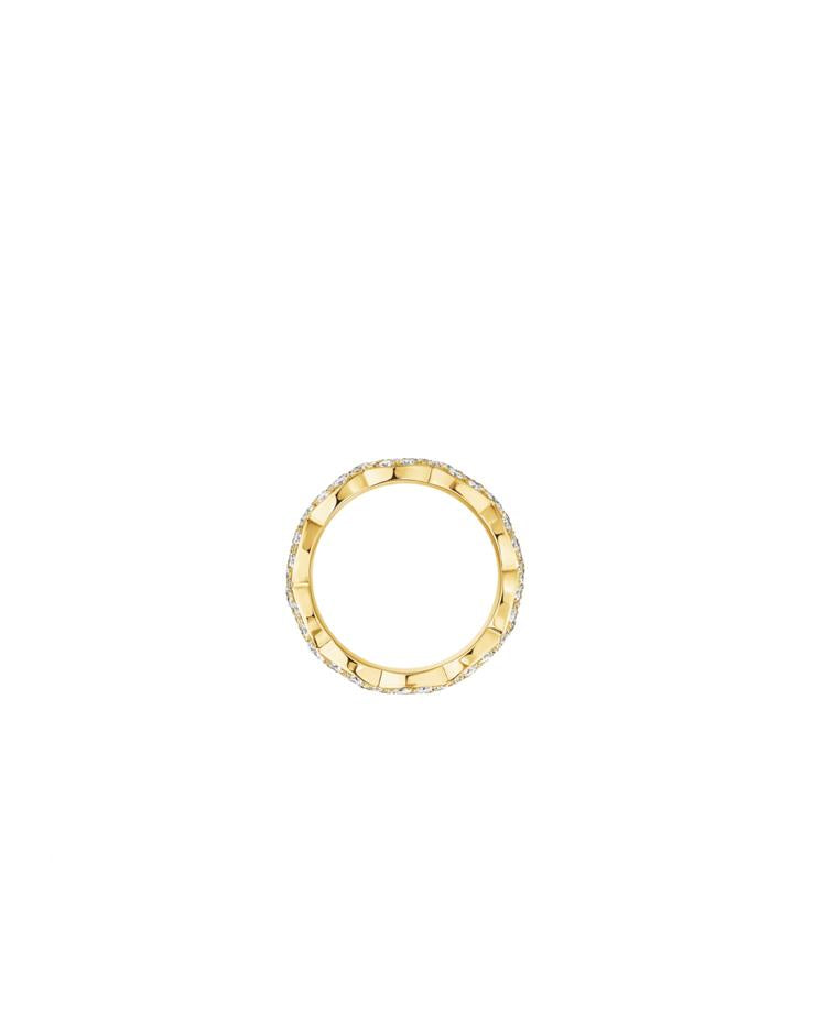 Angled studio shot of the gold quilted moissanite ring, emphasizing the elegant scalloped edges and the thick, substantial 7g solid silver build.