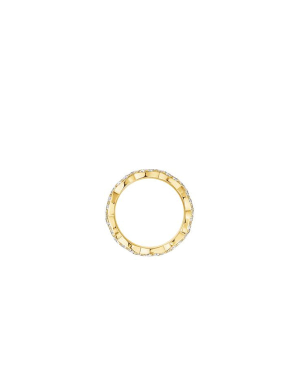 Angled studio shot of the gold quilted moissanite ring, emphasizing the elegant scalloped edges and the thick, substantial 7g solid silver build.