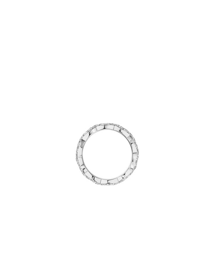Angled studio shot of the gold quilted moissanite ring, emphasizing the elegant scalloped edges and the thick, substantial 7g solid silver build.