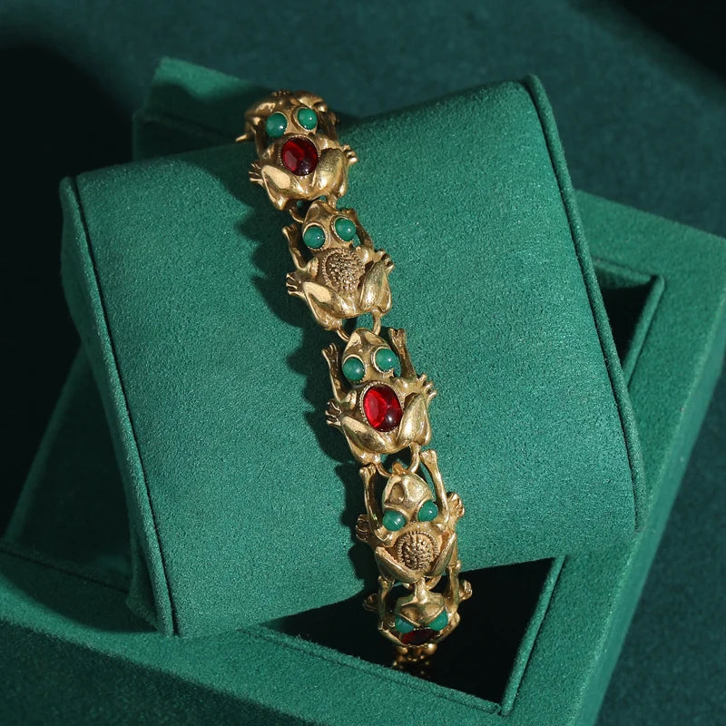 Thaloura Bracelet | 18K Gold Jewelry | Frog with Jade & Ruby