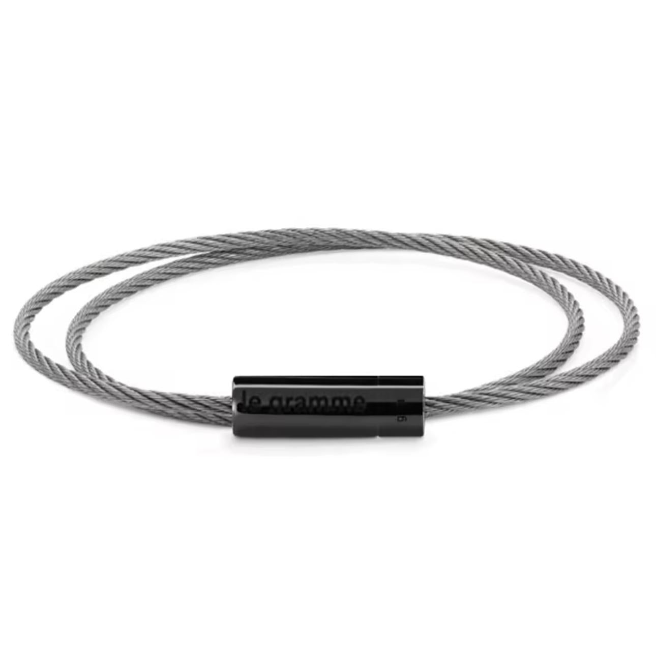 Gray cable bracelet with a black clasp on a white background