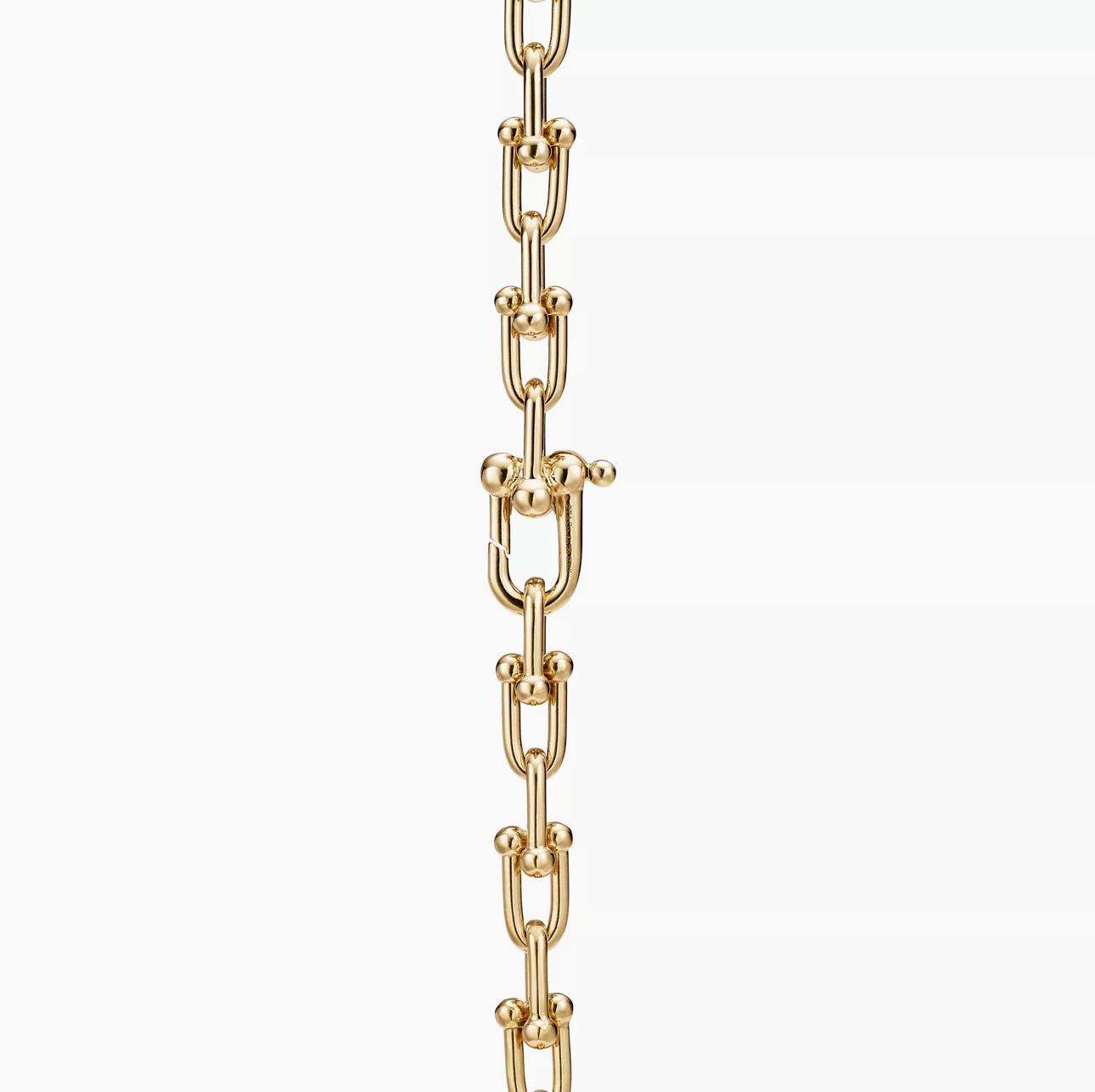 Gold chain Horsebit link design necklace on a white background