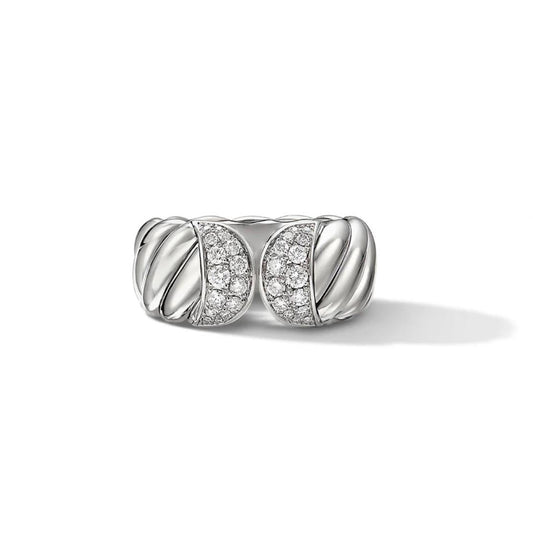 Silver ring with diamond accents on a white background