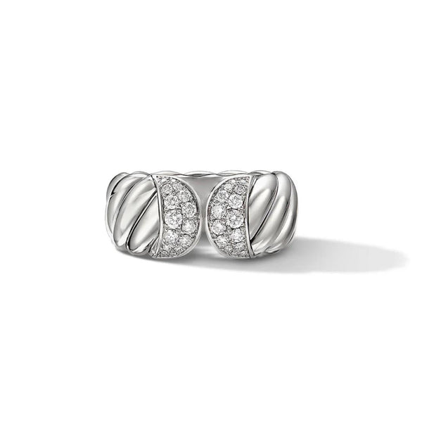 Silver ring with diamond accents on a white background