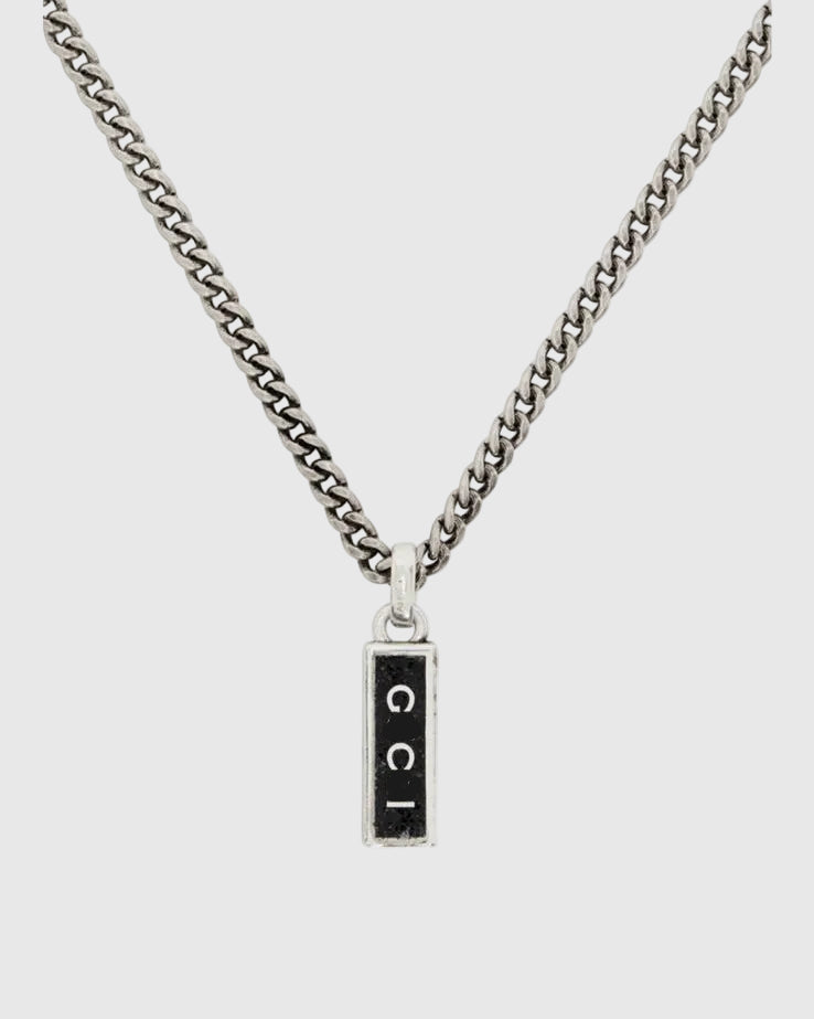 Aerion Monogram 925 silver Tag Necklace, features a sleek rectangular pendant inlaid with deep black enamel.