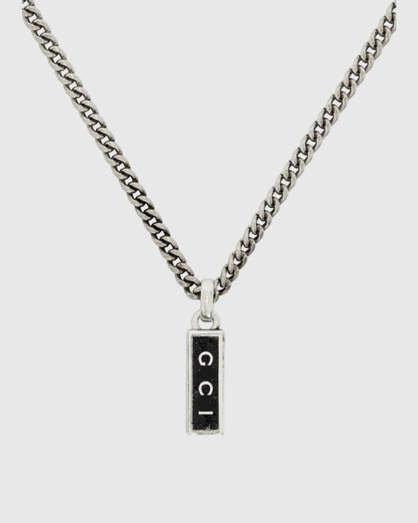 Aerion Monogram 925 silver Tag Necklace, features a sleek rectangular pendant inlaid with deep black enamel.
