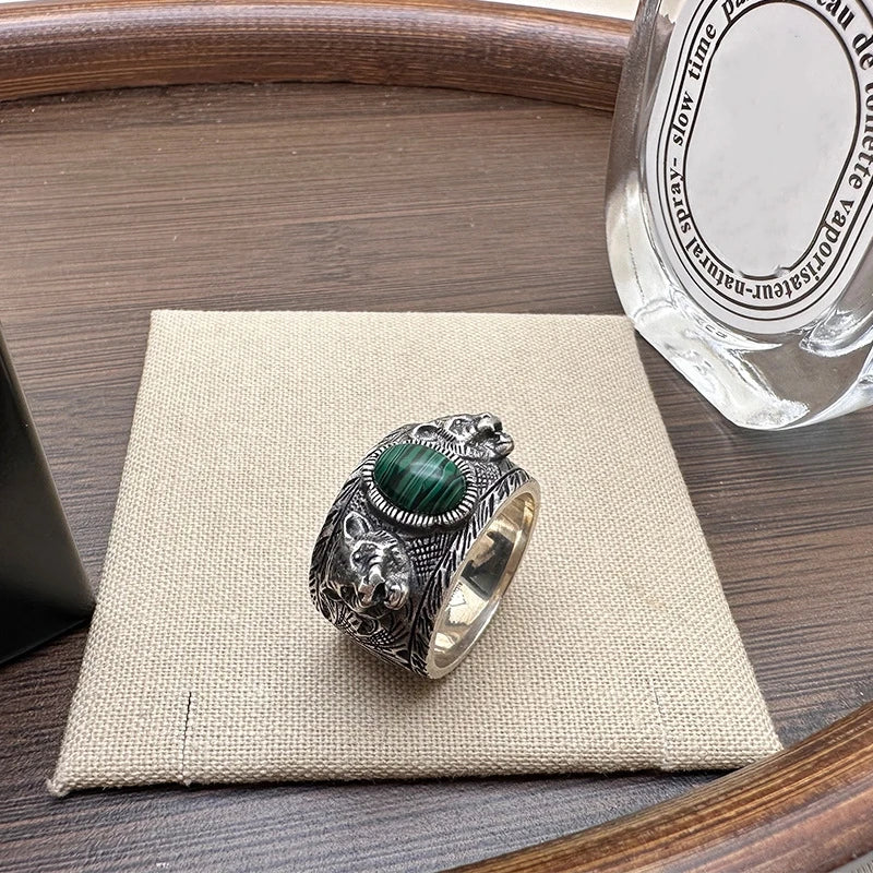 Tigrion | S925 Silver & Malachite | Dual Tiger Head Design