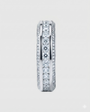 Side profile of the 18K White Gold-plated 925 sterling silver three-row eternity band, detailing the secure channel setting and the smooth comfort-fit interior.