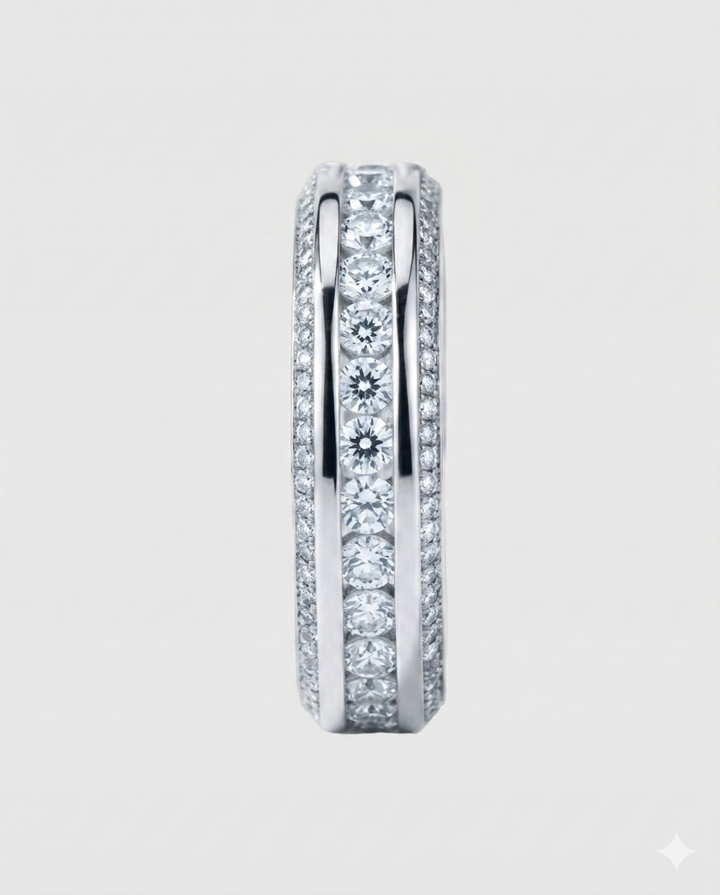 Side profile of the 18K White Gold-plated 925 sterling silver three-row eternity band, detailing the secure channel setting and the smooth comfort-fit interior.