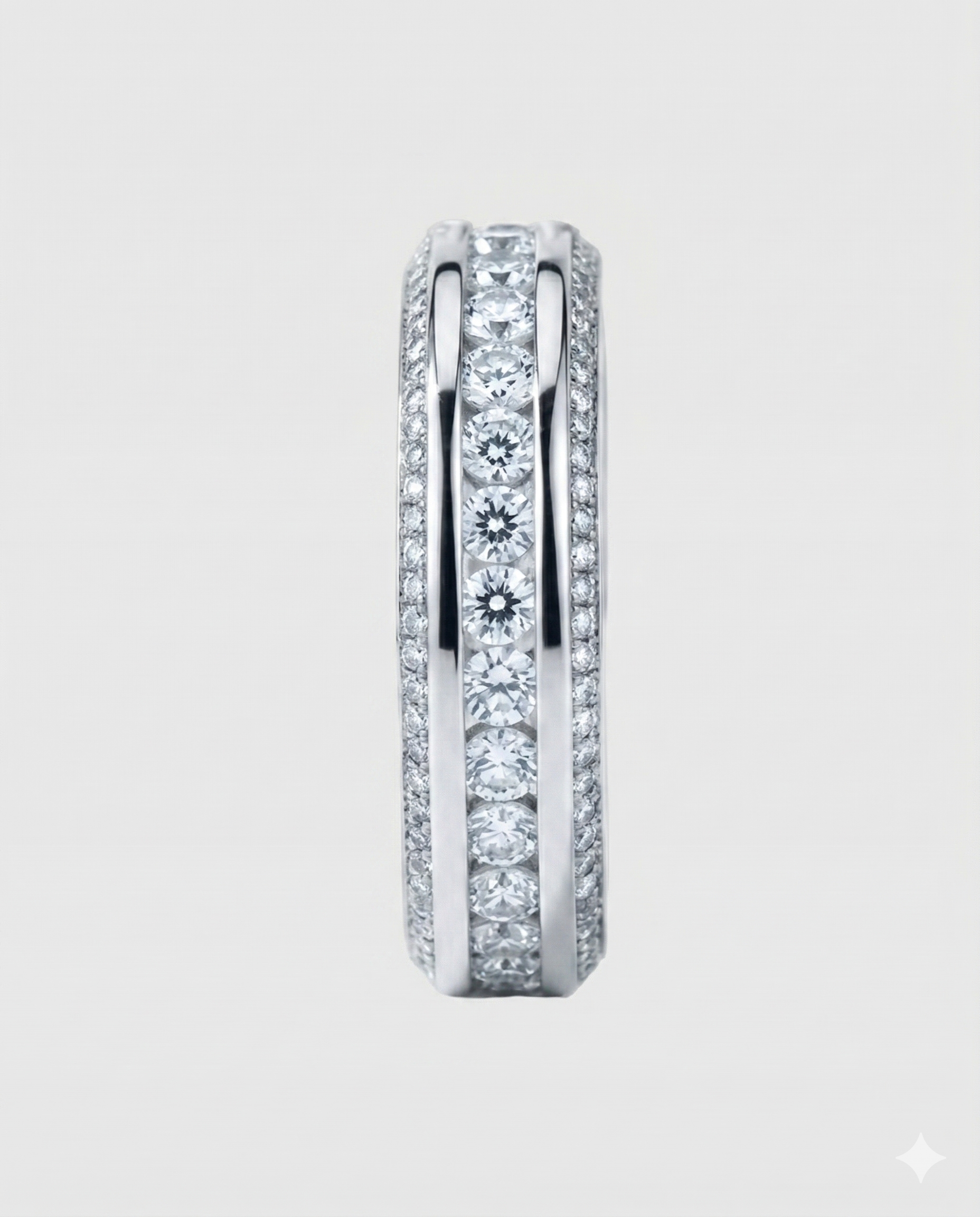 Side profile of the 18K White Gold-plated 925 sterling silver three-row eternity band, detailing the secure channel setting and the smooth comfort-fit interior.