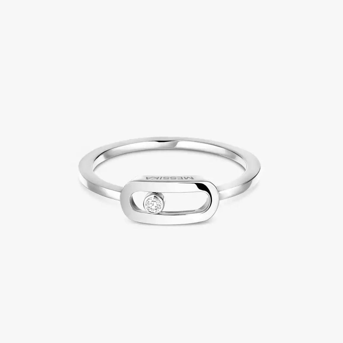 Silver Move Uno ring with a diamond on a white background