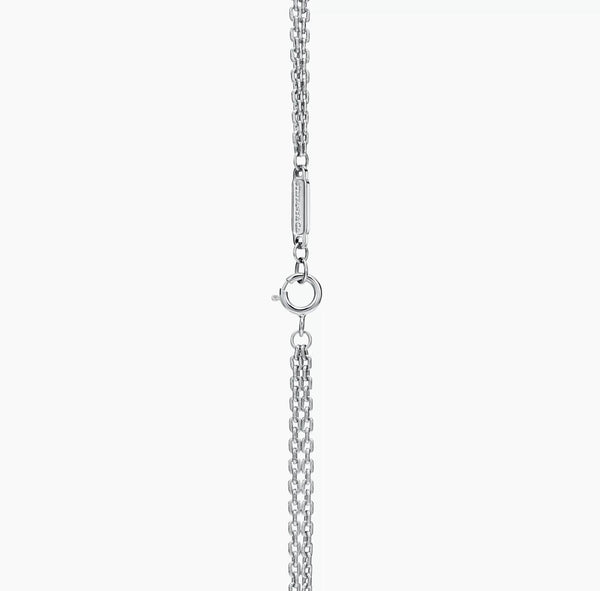 Close-up of a silver necklace clasp and chain detail, showing a polished ring and bar connection.