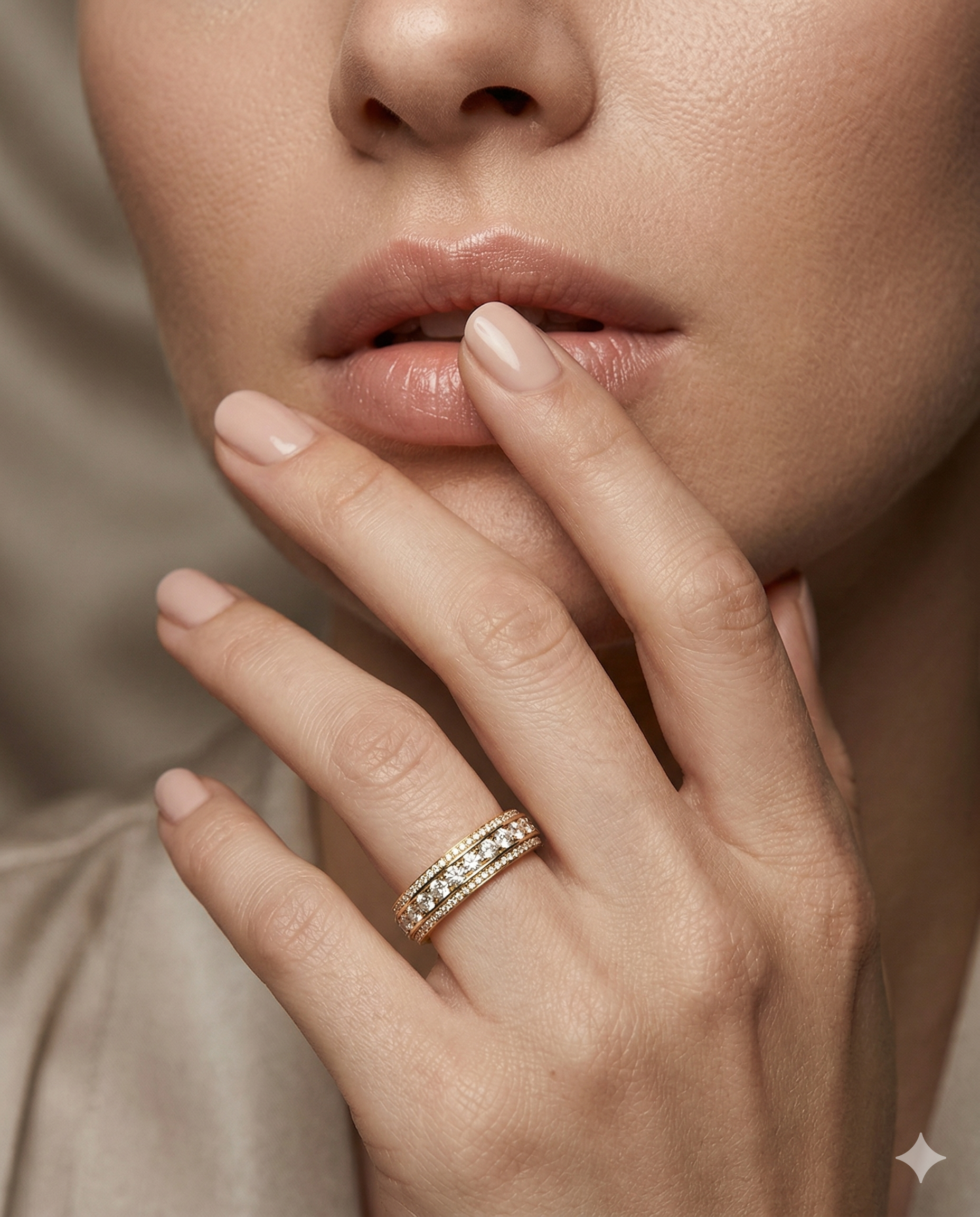 A close-up of a woman's hand delicately holding a garment, modeling the Éternara solid 925 silver three-row moissanite eternity wedding band featuring 1.68 carats of VVS1 brilliance.