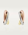 Front view of the Harmonie Trio classic interlocking earrings, featuring smooth, high-polish 18K white, rose, and yellow gold-plated solid 925 silver rings.