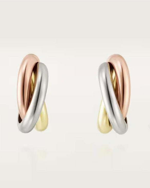 Front view of the Harmonie Trio classic interlocking earrings, featuring smooth, high-polish 18K white, rose, and yellow gold-plated solid 925 silver rings.