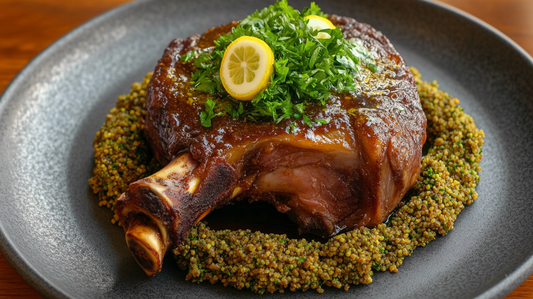 Kemikli dana incik osso buco, safranlı firik buğdayı ve taze gremolata