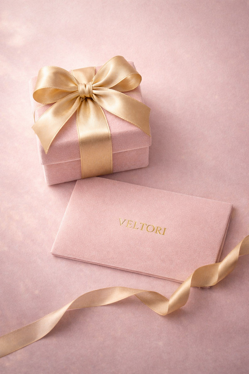Luxury blush pink velvet gift box with gold ribbon and VELTORI gold-embossed envelope, styled in an elegant flat-lay composition