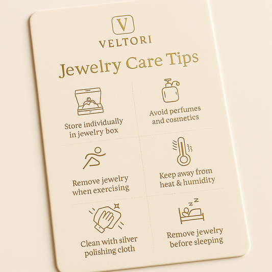 Veltori jewelry care tips card on a beige background