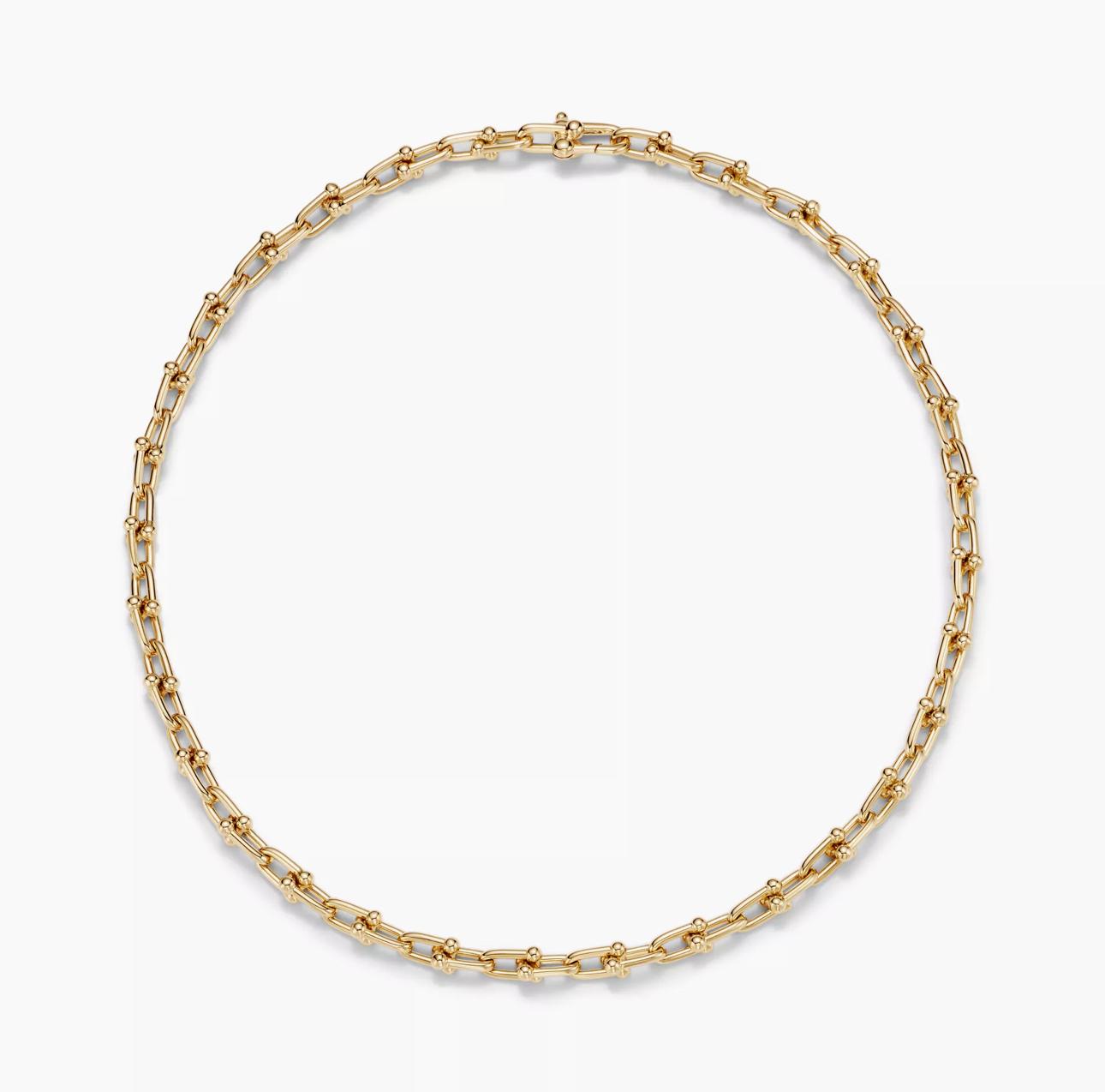 Gold chain Horsebit link design necklace on a white background