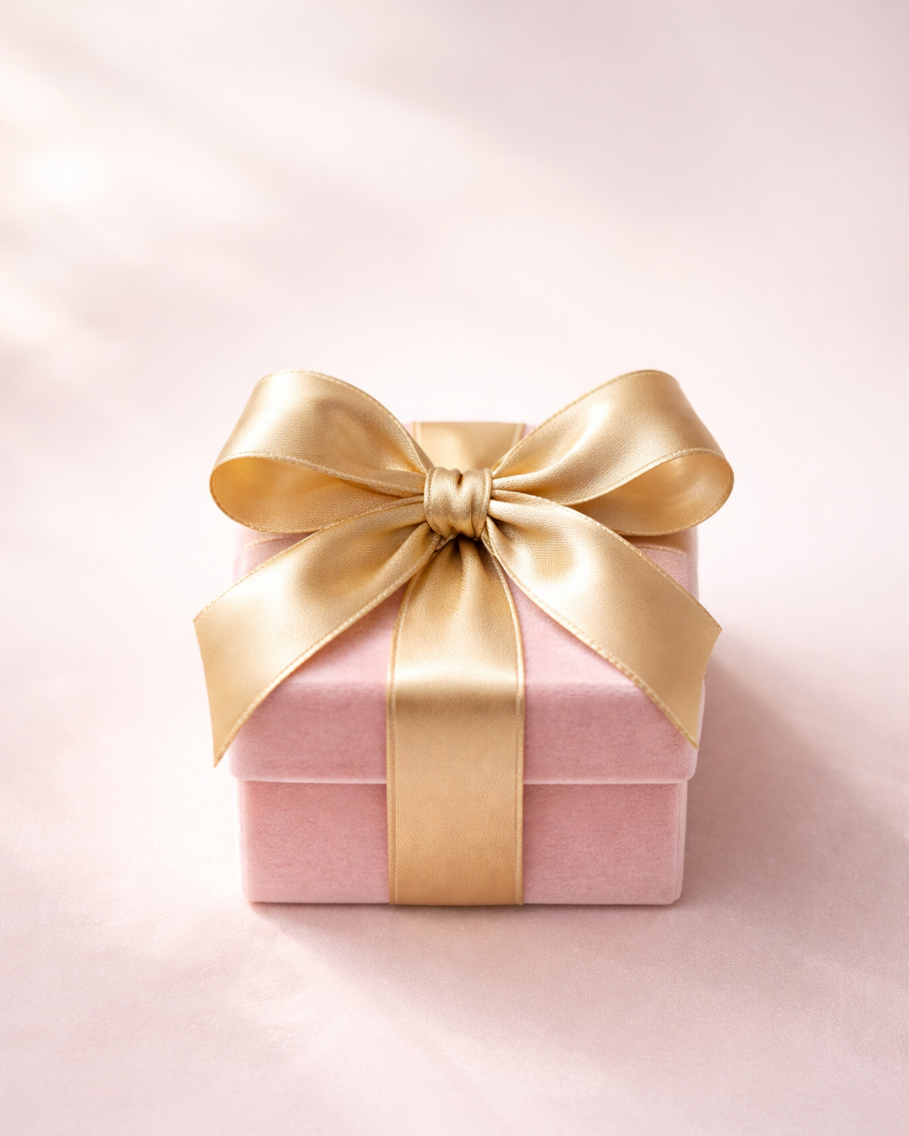 VELTORI high-end blush pink velvet jewelry gift box wrapped with champagne gold satin ribbon, elegant bow, soft studio lighting