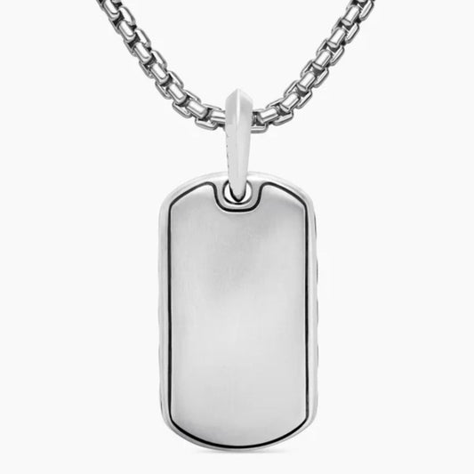 Smooth sterling silver tag pendant back view, polished surface with rounded edges, on a link chain.