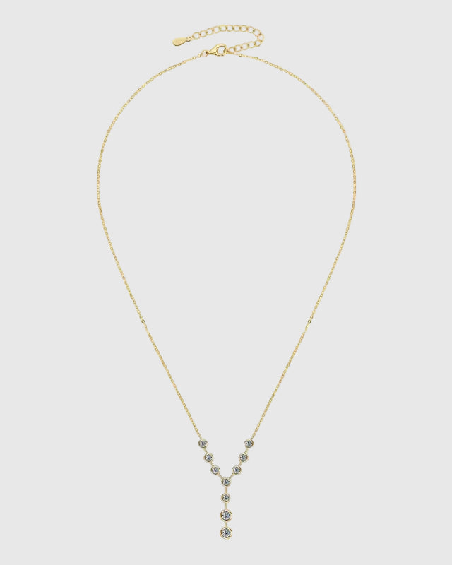  Elegant drape view of the 46.1mm vertical moissanite pendant drop, illustrating the flawless diamond-like fire of the gemstones on the gold-plated chain.