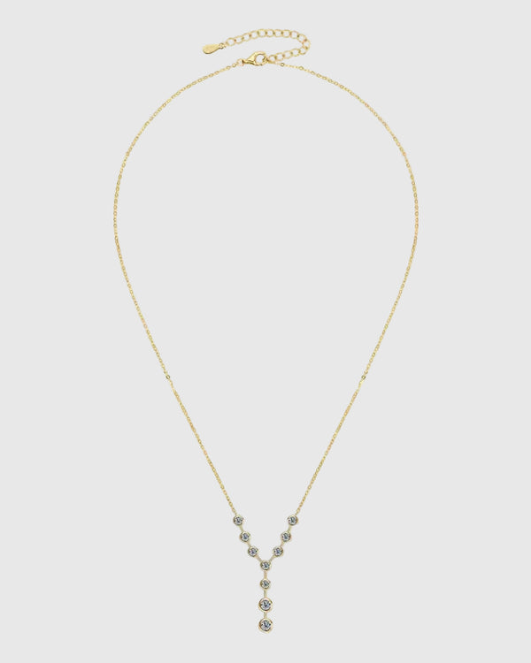  Elegant drape view of the 46.1mm vertical moissanite pendant drop, illustrating the flawless diamond-like fire of the gemstones on the gold-plated chain.