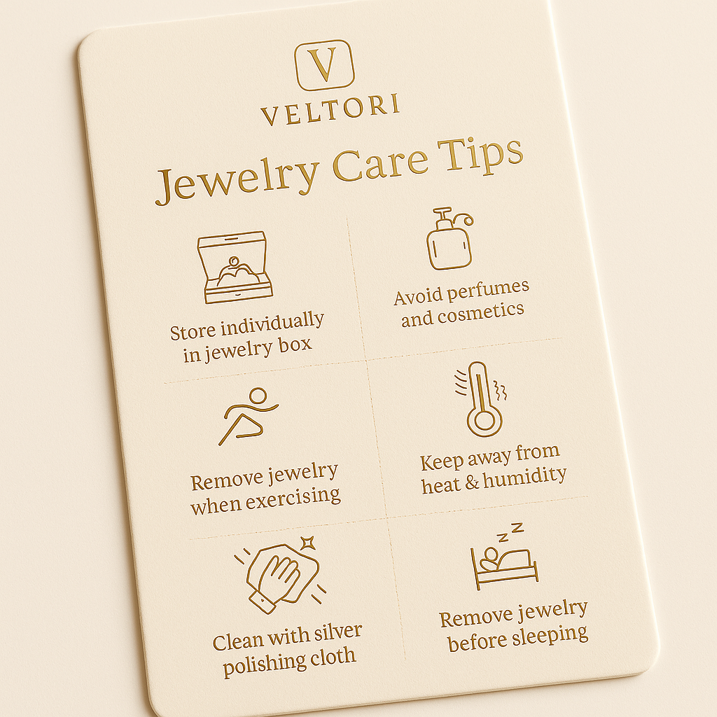 Veltori jewelry care tips card with icons on a beige background