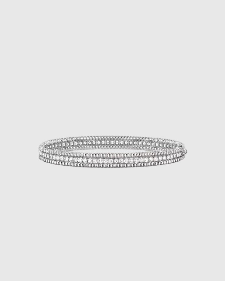 Flat front view of the premium rhodium-plated 925 sterling silver eternity bangle, demonstrating the seamless 6mm wide profile and explosive diamond-like fire.