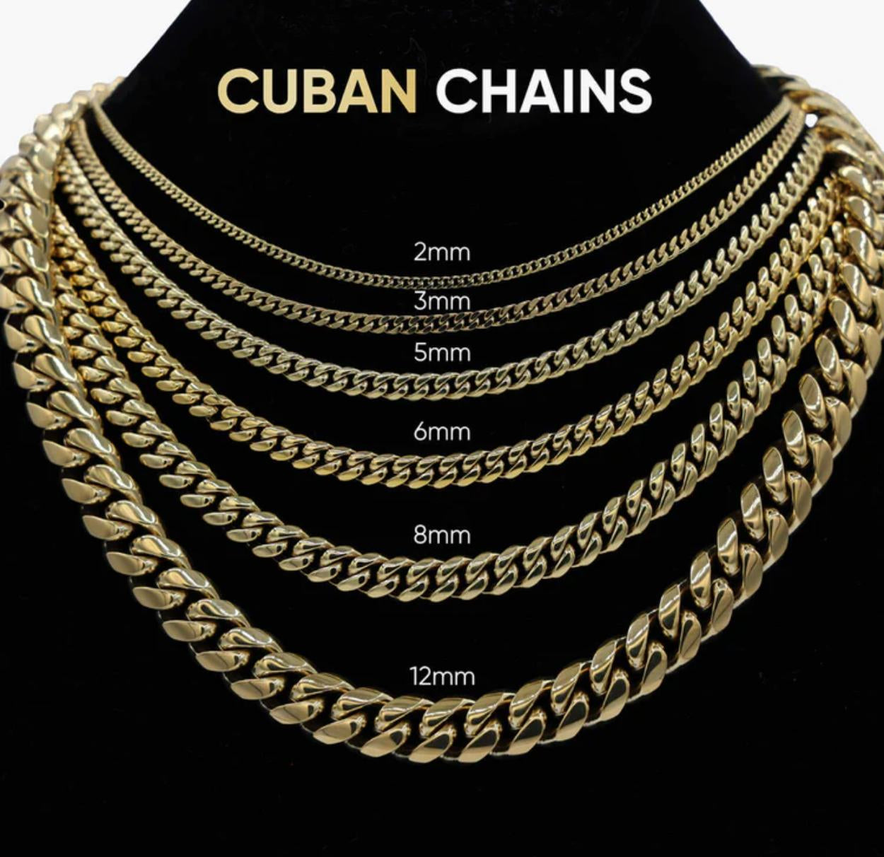 Gold Cuban chains displayed with size measurements on a black background
