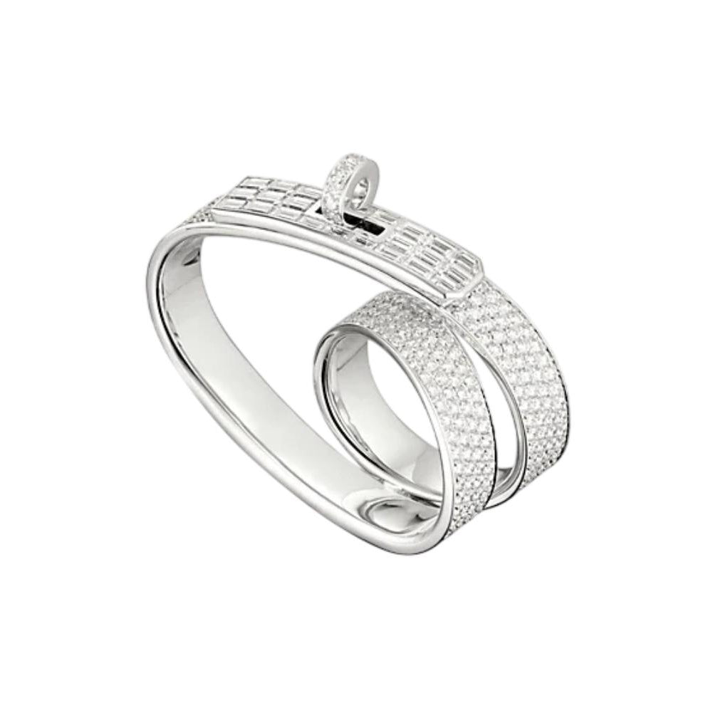 Silver ring with diamond accents on a white background