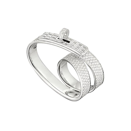 Silver ring with diamond accents on a white background