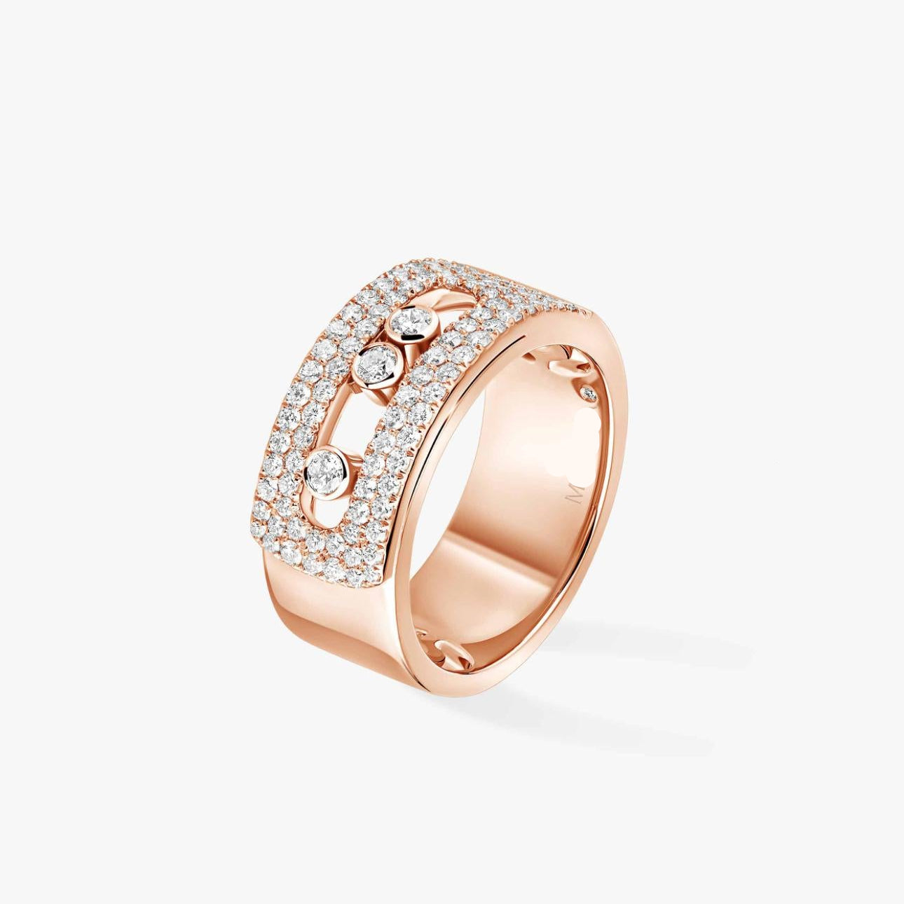 Rose gold ring with diamond accents on a white background