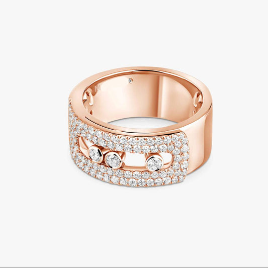 Rose gold ring with diamonds on a white background