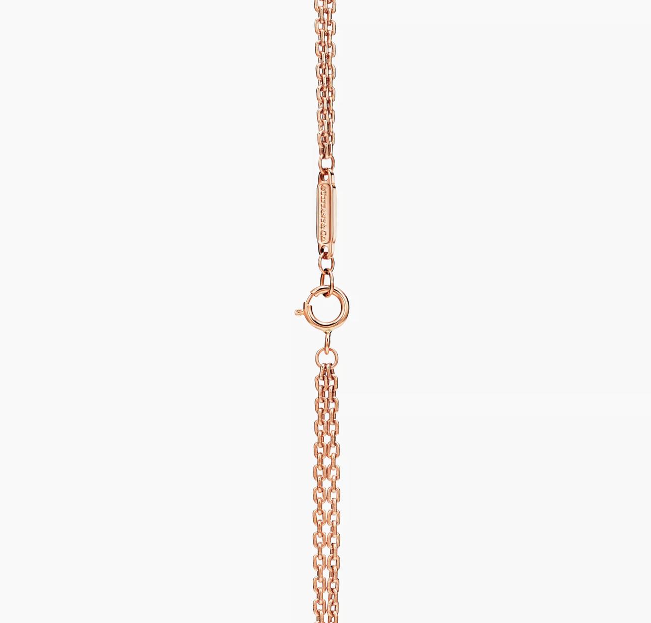 Close-up of a rose gold necklace clasp and chain detail, showing a polished ring and bar connection.