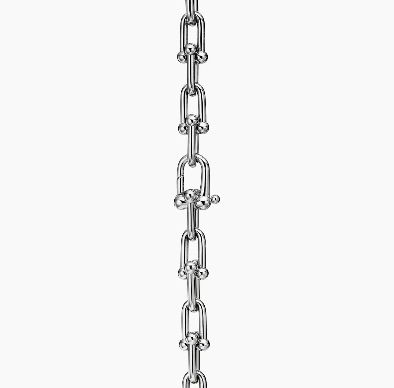 Close-up of a silver horseshoe-link chain showing the hidden push-lock clasp integrated within the rounded links.