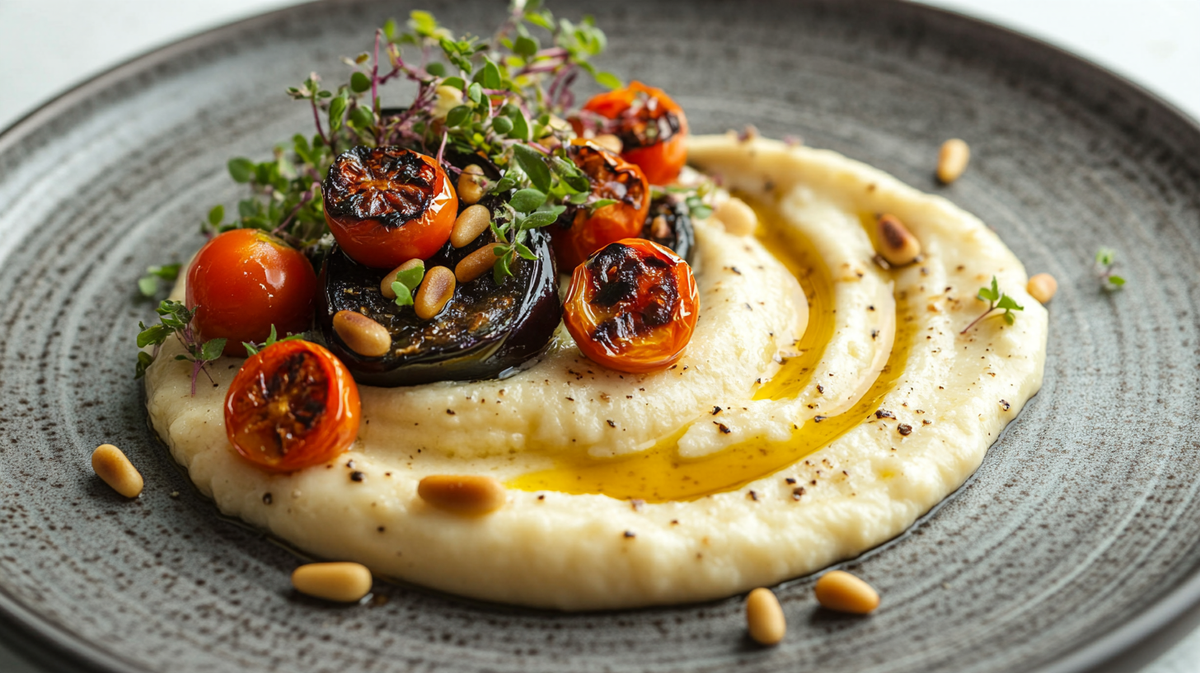 VELTORI kurumsal gastronomi: meşe közünde tütsülenmiş patlıcan, eskitilmiş Kars gravyeri, fırınlanmış çeri domates ve çam fıstığı ile unsuz köz patlıcan beğendi gurme tabağı.