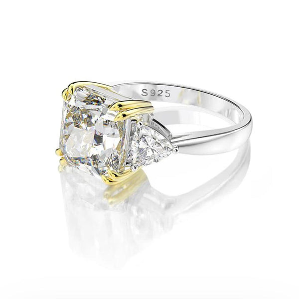 A silver cocktail ring with a large square-shaped 'crushed ice' high-carbon diamond simulant.