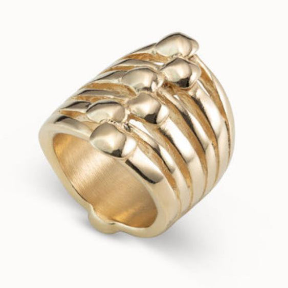 Gold ring with a ribbed design on a white background